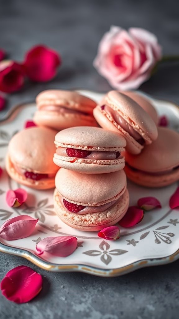 Plate of rose petal macarons with raspberry filling, surrounded by rose petals.