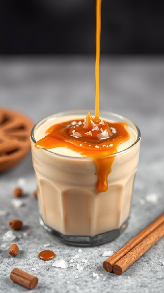 A glass of salted caramel protein pudding with caramel sauce drizzling on top.