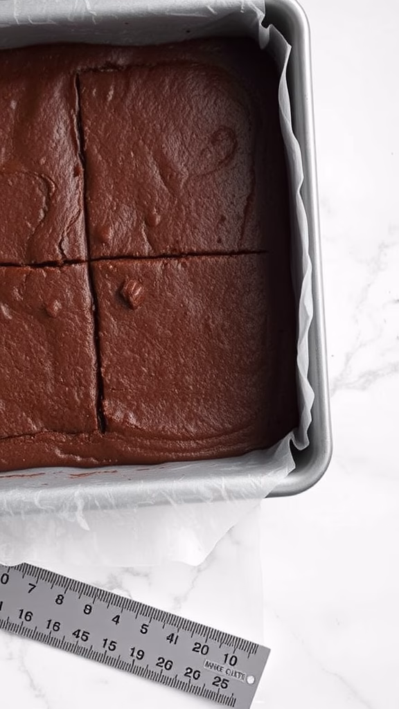 Brownies scored with a knife in a baking pan, ready to be cut into squares.