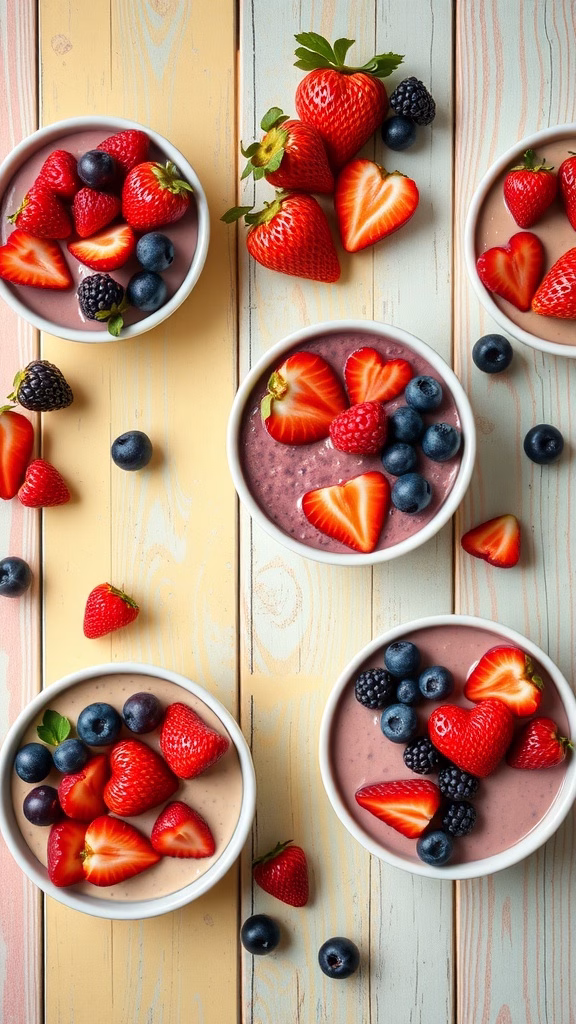 Smoothie bowls with berry heart designs arranged on a colorful table