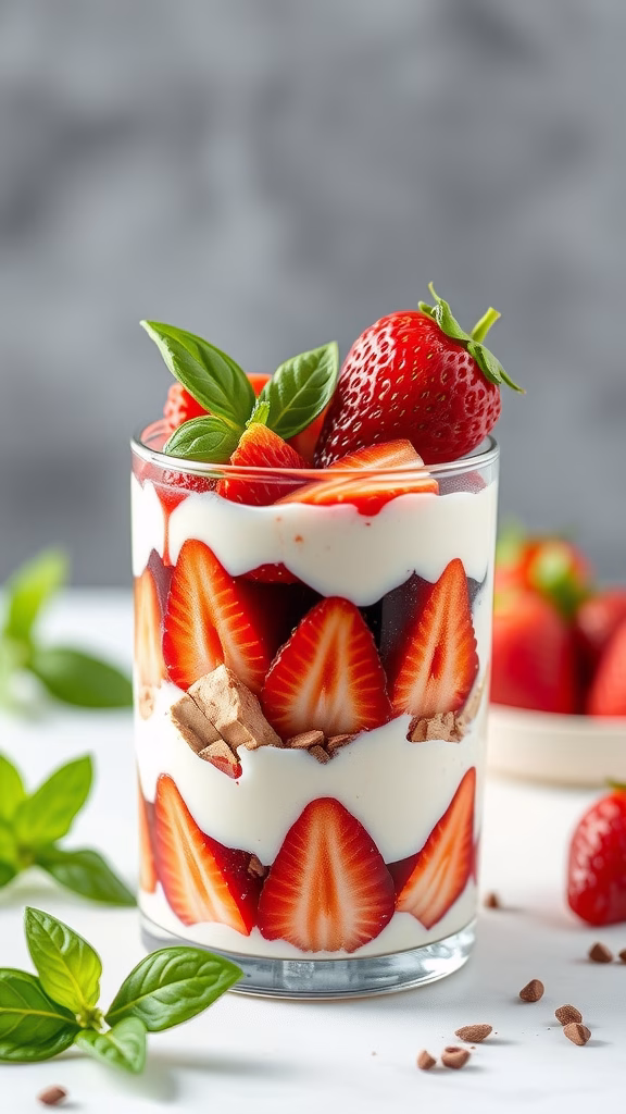 A delicious strawberry basil protein parfait layered in a glass, topped with fresh strawberries and basil leaves.