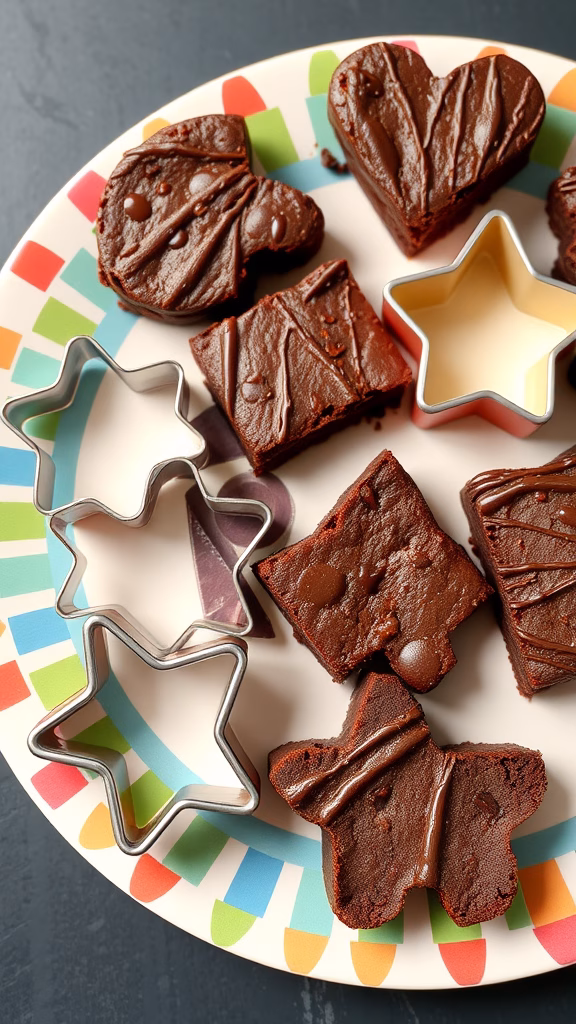 A plate with brownies cut into fun shapes using cookie cutters, including hearts and stars.