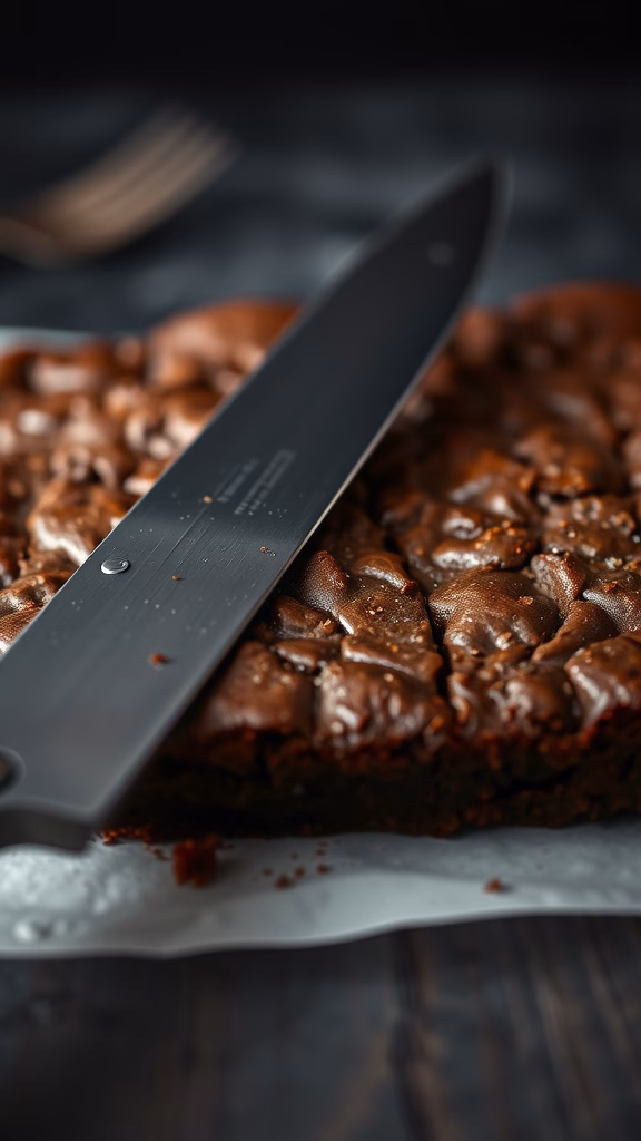 A sharp knife resting on a freshly baked brownie, emphasizing the importance of using a good knife for cutting.