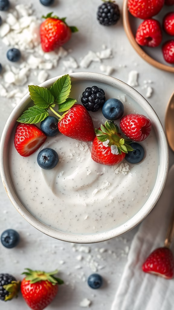 Delicious vanilla coconut chia seed pudding topped with fresh berries