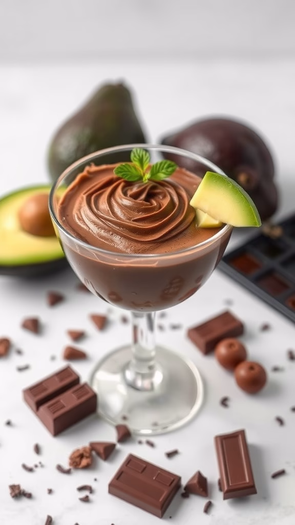 A delicious vegan chocolate avocado mousse served in a glass with a slice of apple and mint on top, surrounded by chocolate pieces and avocados.