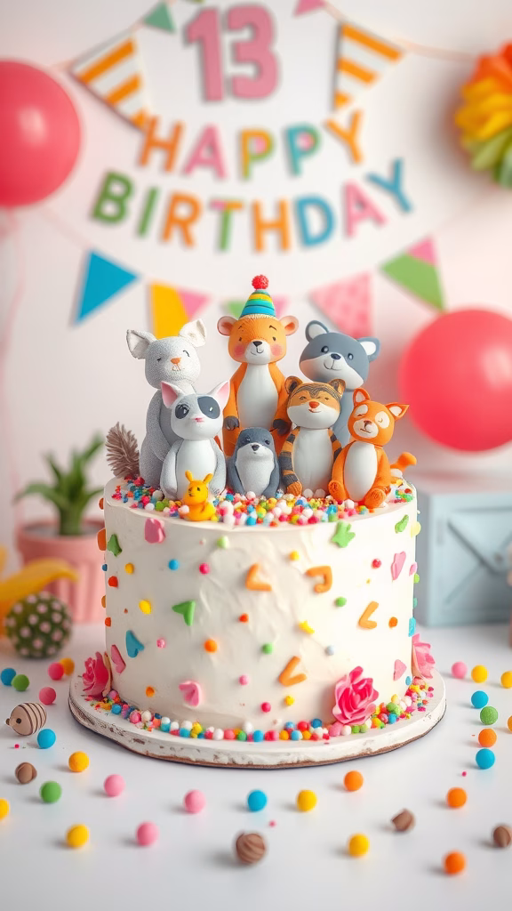 A birthday cake decorated with colorful animal toppers and vibrant sprinkles.