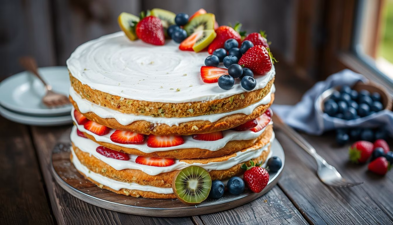 Pistachio ricotta cake with fresh fruit