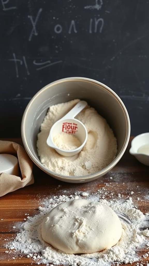 A bowl of flour with a measuring scoop sitting inside, surrounded by scattered flour and a ball of dough on a wooden table.