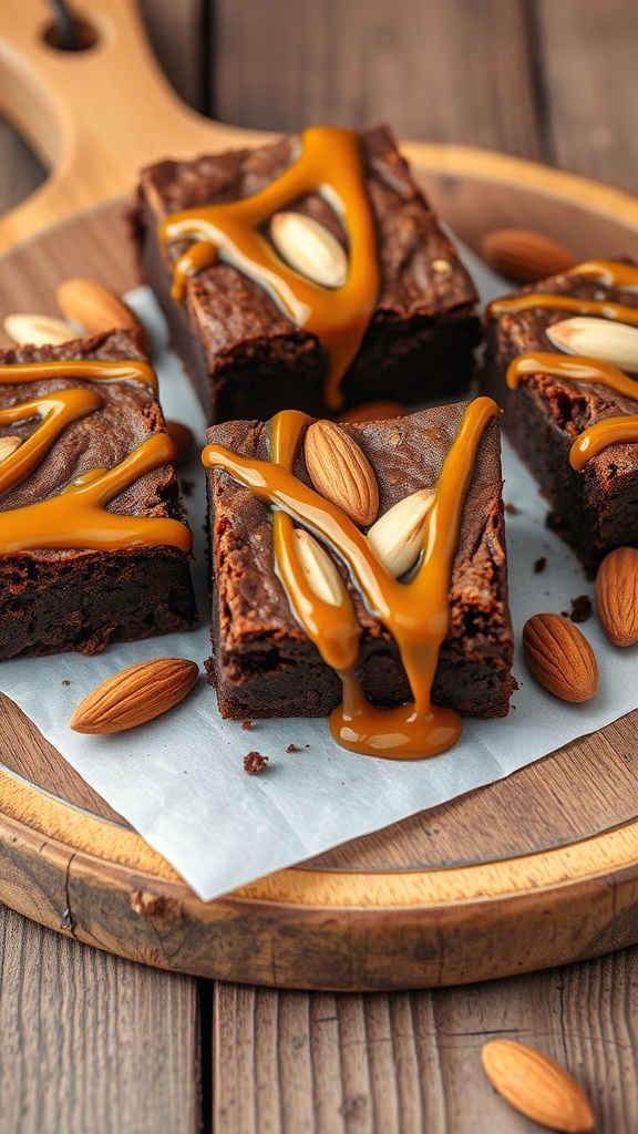 Almond Butter and Caramel Swirl Brownies with almonds and caramel drizzles