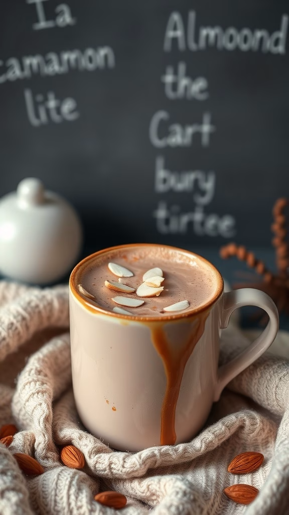 A cozy mug of almond cardamom hot chocolate topped with almond slices.