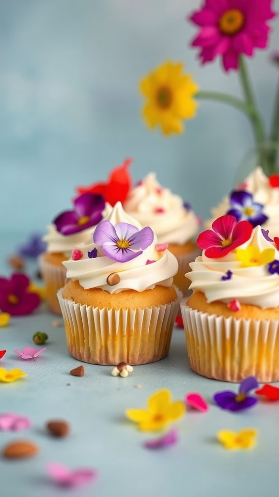 Almond flour cupcakes topped with flowers and colorful decorations.