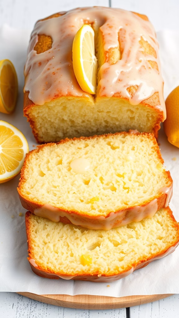 A moist almond flour lemon drizzle cake with slices and a lemon garnish.