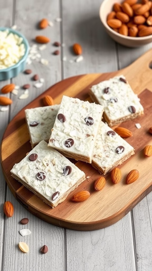 Almond Joy Energy Bars on a wooden board with almonds and chocolate chips