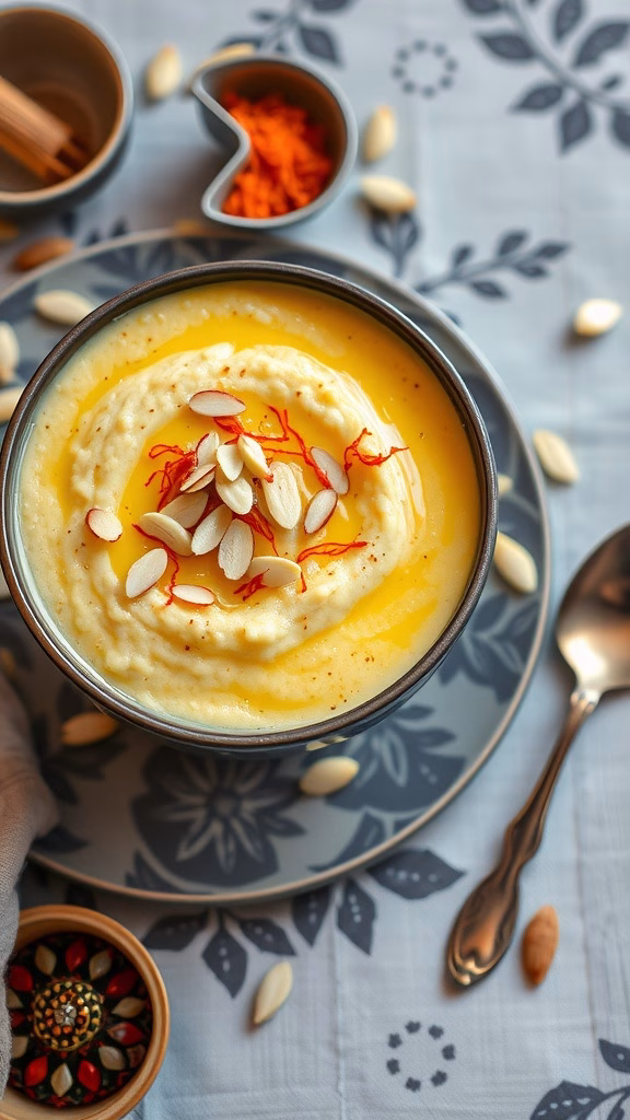 A bowl of creamy almond saffron rice pudding topped with almonds and saffron strands.