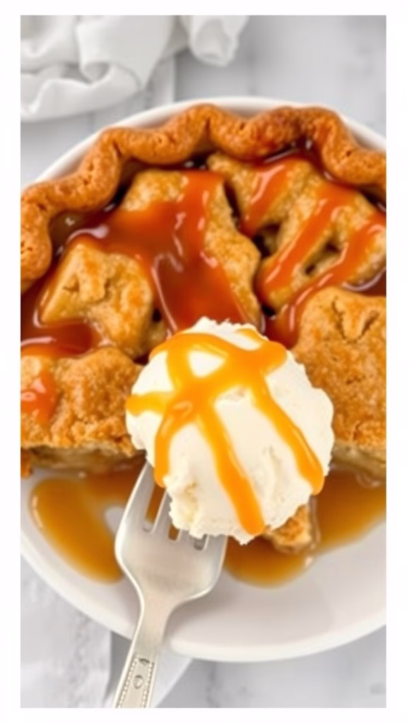 A slice of caramel apple pie with a scoop of ice cream and caramel drizzle on a fork.