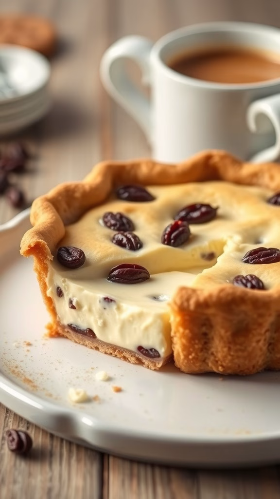 A slice of Amish sour cream raisin pie on a plate, showcasing its creamy filling and raisins.
