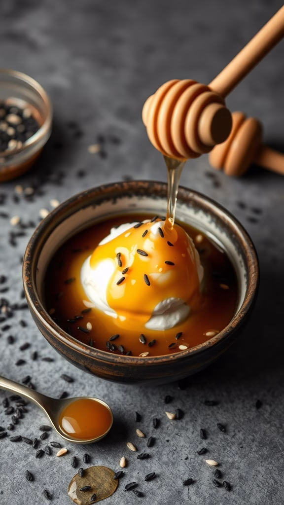 A bowl of creamy dessert topped with honey and black sesame seeds