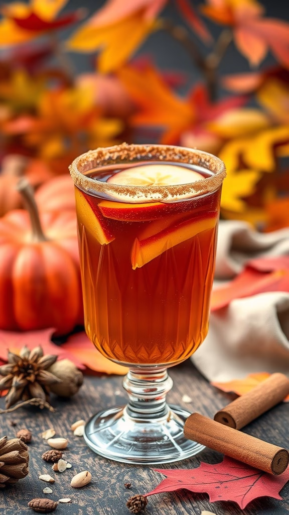 A cozy autumn harvest cider cocktail garnished with apple slices and cinnamon sticks.