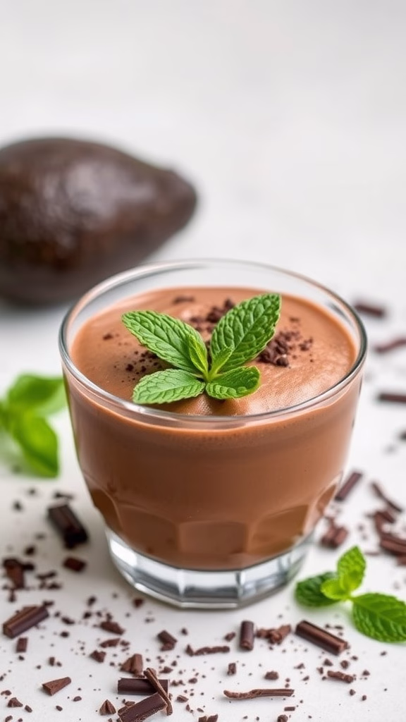 A creamy avocado chocolate mousse topped with mint leaves and chocolate shavings, served in a glass.
