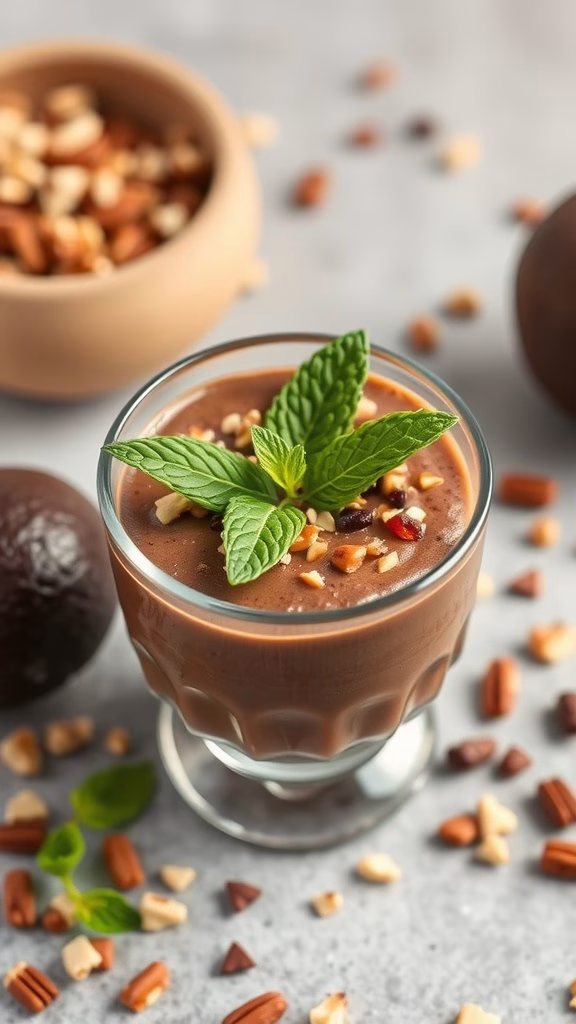 Delicious avocado chocolate mousse topped with nuts and mint leaves in a glass cup.