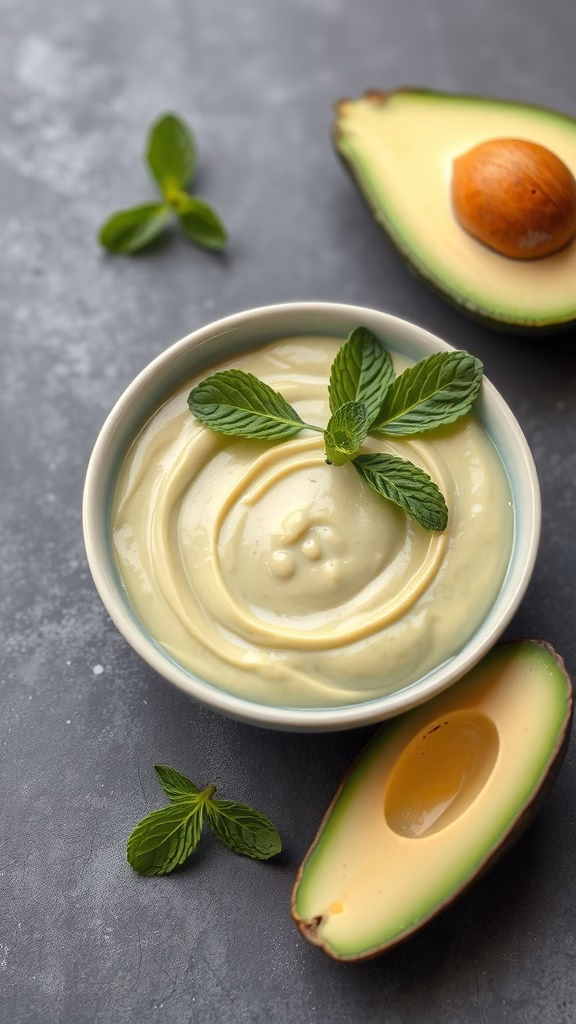 Creamy avocado pudding garnished with mint leaves, alongside a halved avocado.