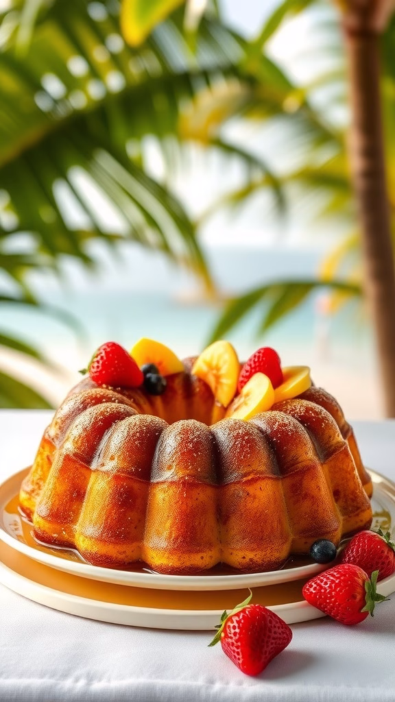 A beautifully displayed Baba au Rhum cake topped with fresh fruit, symbolizing Caribbean flavors.