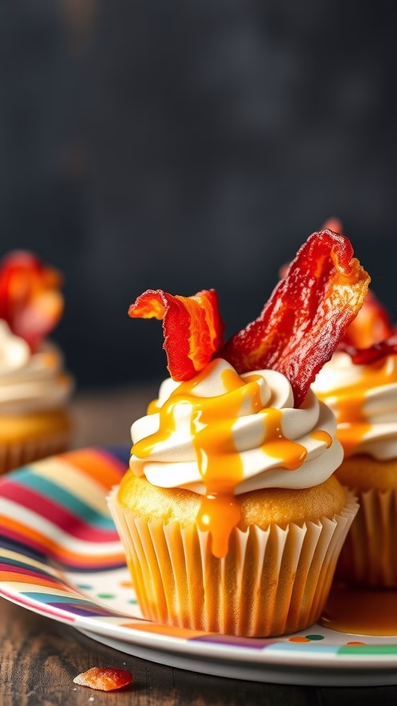 Delicious bacon maple cupcakes topped with whipped cream, maple syrup, and bacon strips.