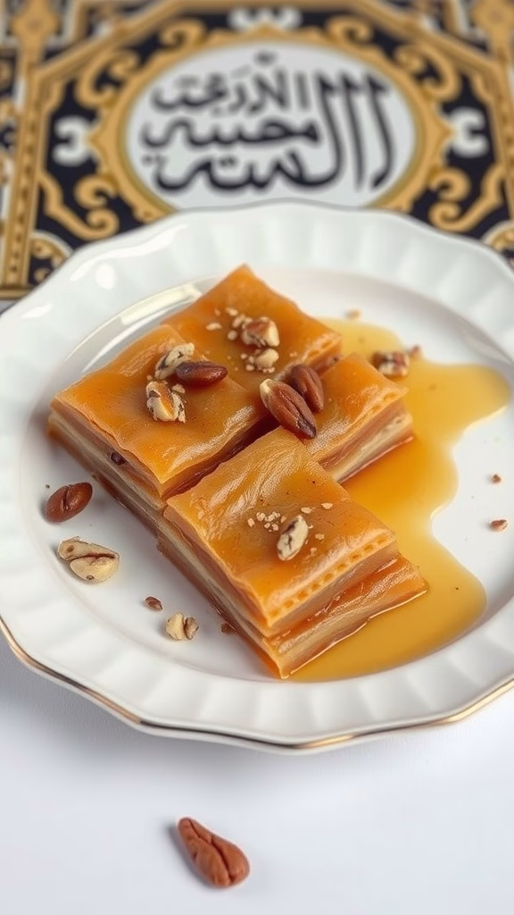 Delicious baklava with a Saudi twist, showcasing layers of pastry, nuts, and a sweet honey syrup.