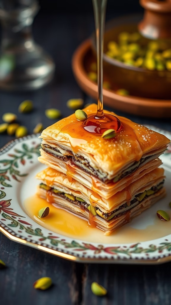 Delicious layers of baklava drizzled with honey syrup, garnished with pistachios.