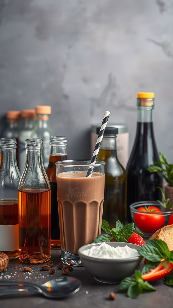 A glass of milkshake surrounded by various syrups and fresh ingredients.
