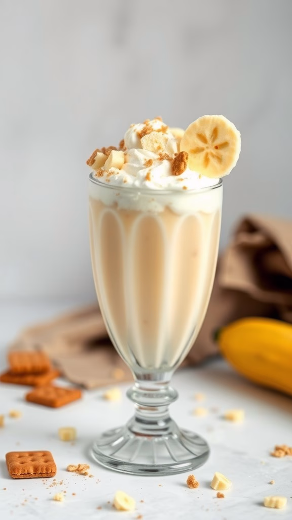 A delicious banana pudding milkshake topped with whipped cream and crushed vanilla wafers