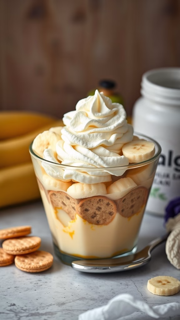 Banana pudding with vanilla wafers topped with whipped cream