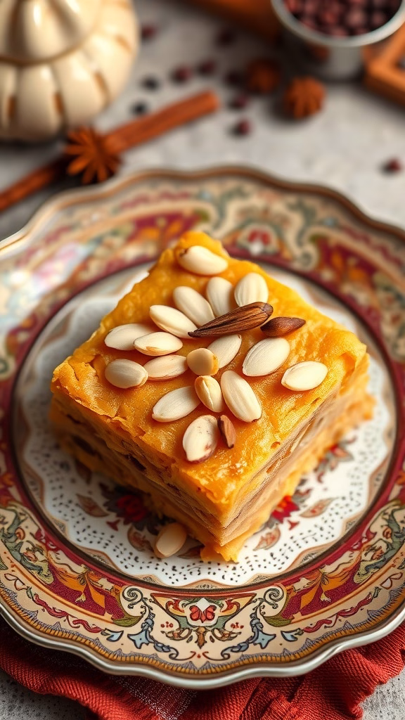 A piece of basbousa topped with almonds on a decorative plate.