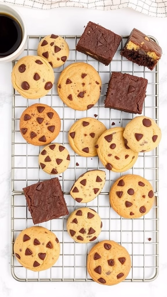 A wire rack filled with various cookies and brownies, alongside a cup of coffee.
