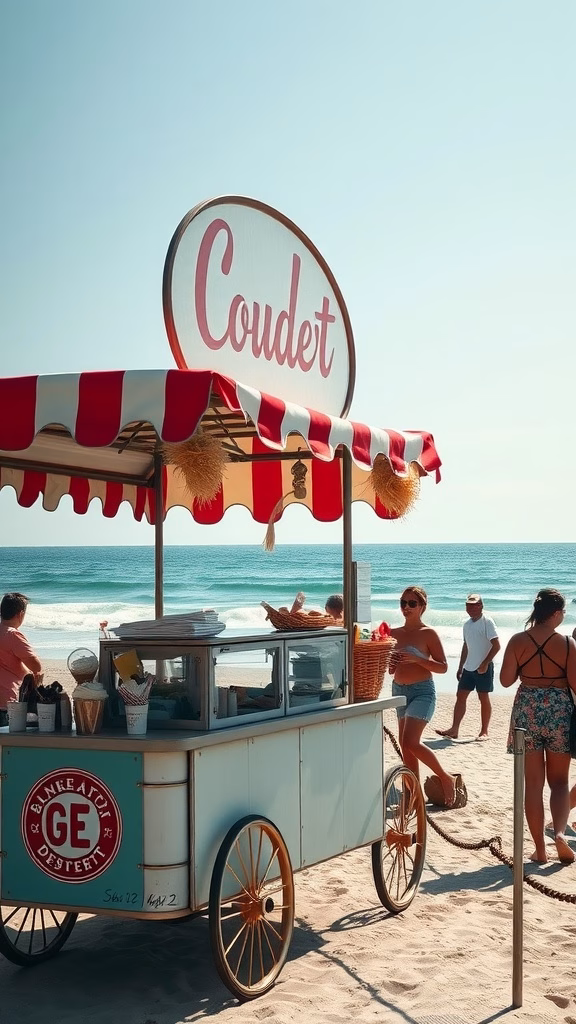 A colorful dessert cart on the beach with people enjoying their time near the ocean.