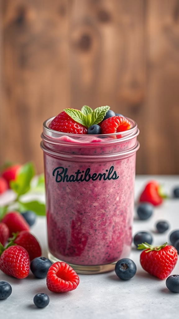 A delicious berry-chia seed pudding topped with fresh berries and mint leaves.
