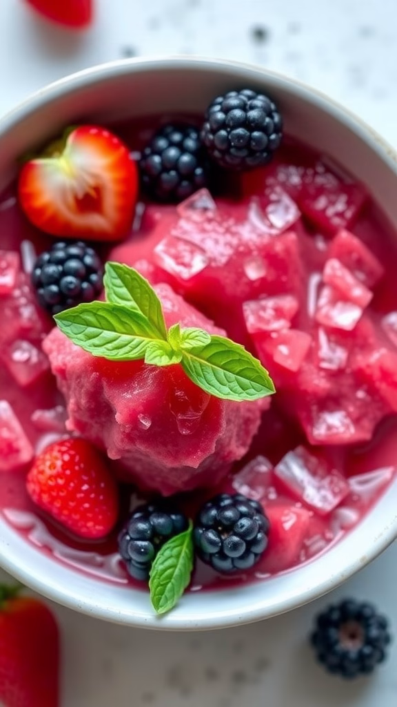 A bowl of fresh berry sorbet topped with mint leaves and mixed berries