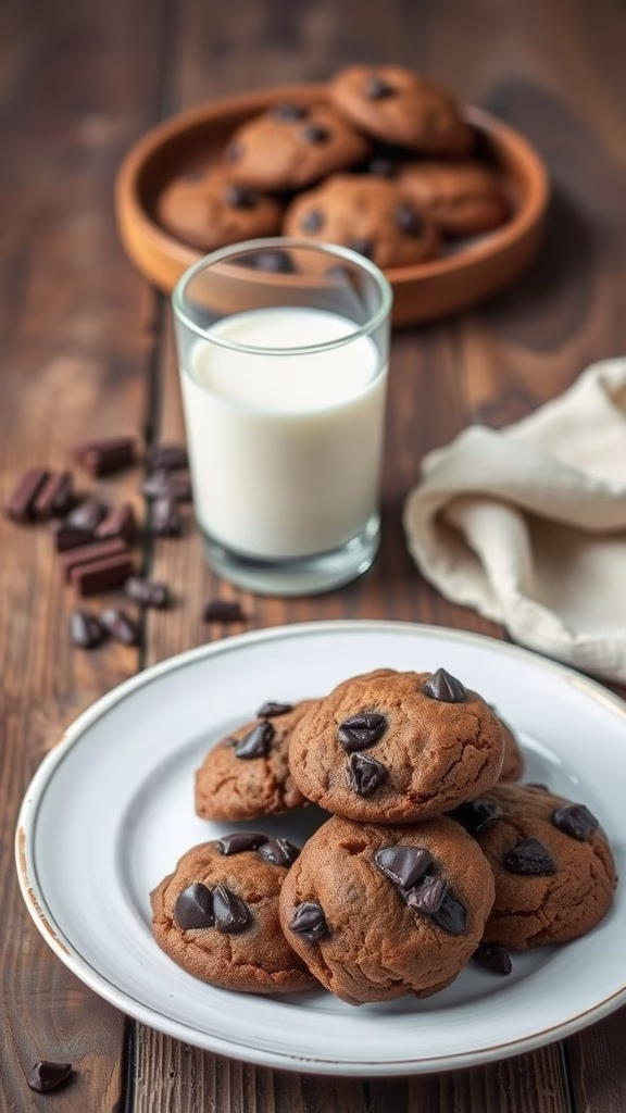 A plate of freshly baked cacao nib cookies with a glass of milk