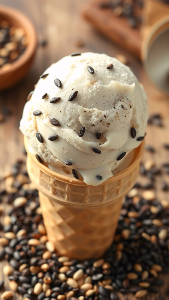 A scoop of black sesame ice cream in a waffle cone, topped with black sesame seeds, surrounded by sesame seeds on a wooden surface.