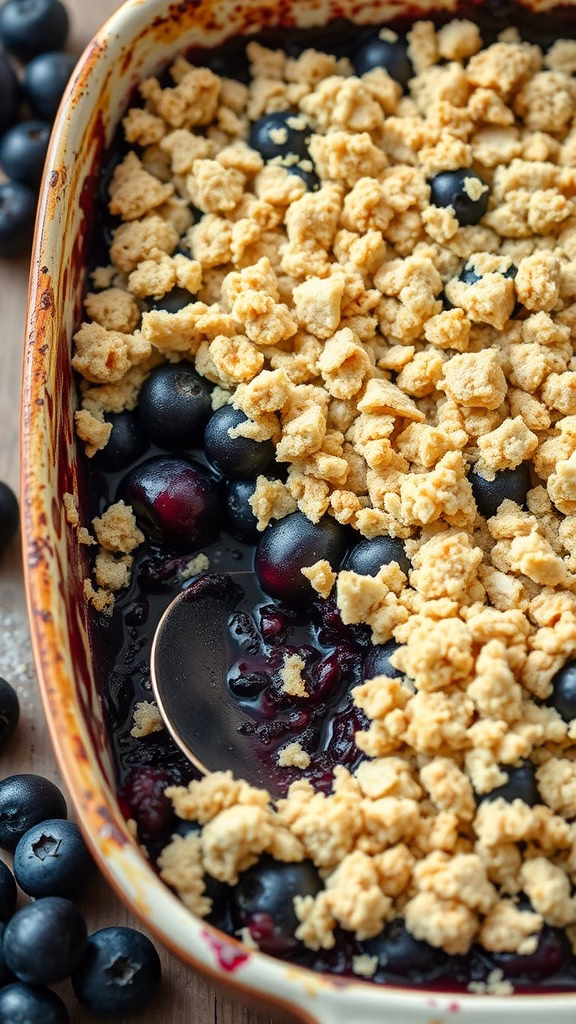 A serving of blueberry vanilla crisp in a baking dish, topped with a golden crumble