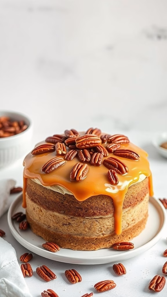 A delicious Butter Pecan Cake topped with pecans and caramel sauce.