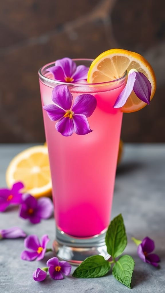 A vibrant glass of butterfly pea flower lemonade garnished with lemon slices and purple flowers.