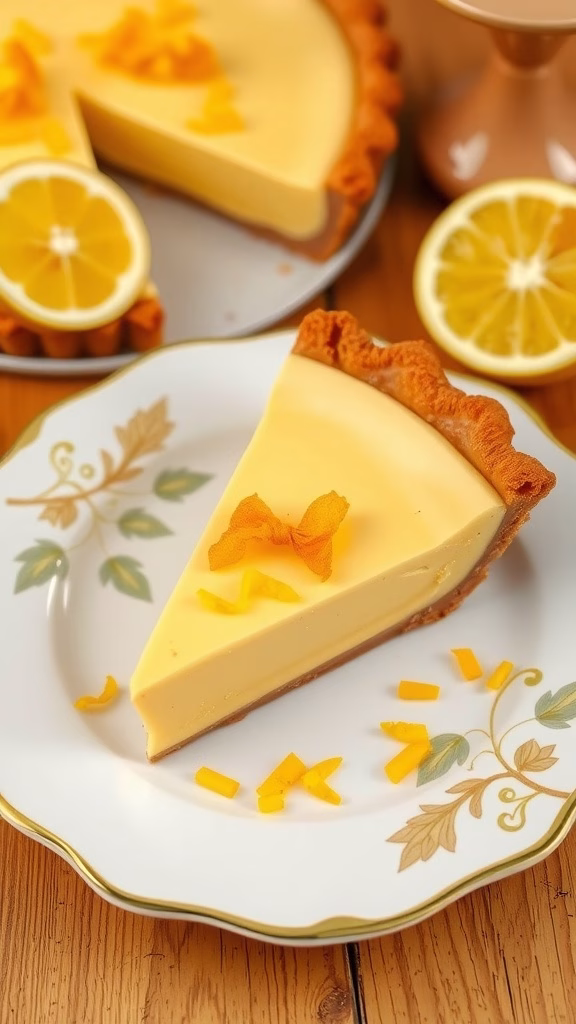Slice of calamansi and ginger pie on a decorative plate with fresh calamansi.