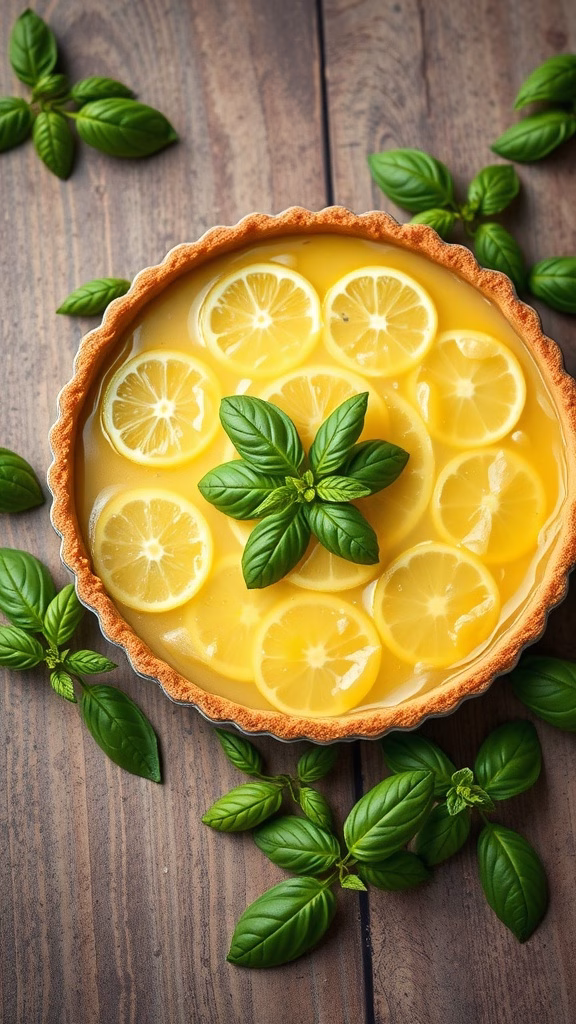 A delicious calamansi pie infused with basil, garnished with fresh basil leaves.