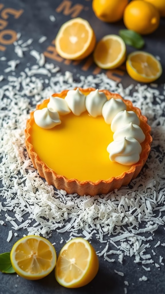 A delicious calamansi tart topped with coconut cream and garnished with fresh calamansi slices.