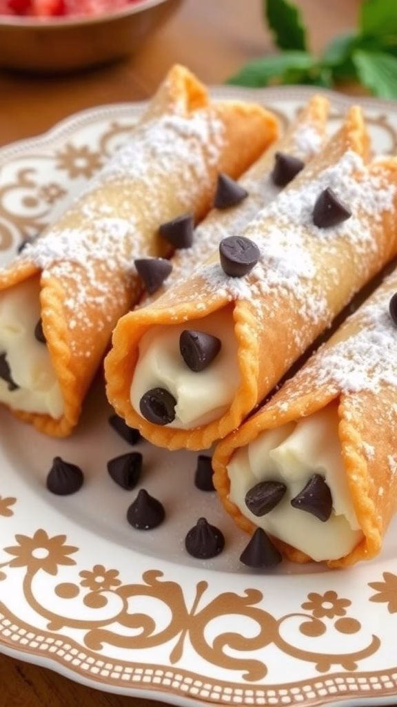 Delicious cannoli filled with sweet ricotta, topped with powdered sugar and chocolate chips.