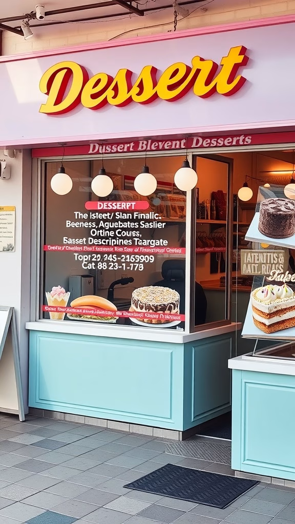 A colorful dessert shop storefront with inviting signage and displays of desserts.