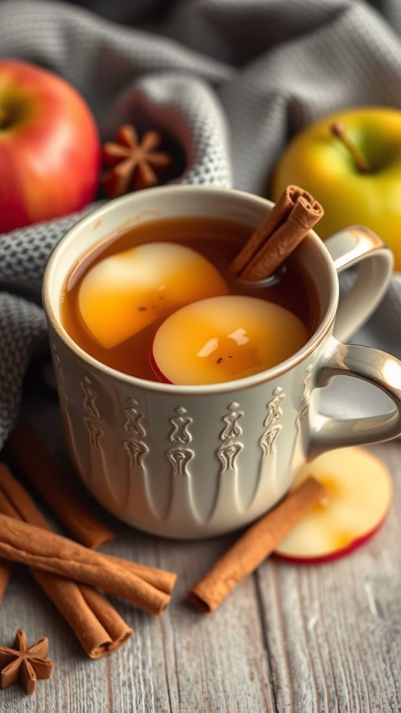 A cozy cup of caramel apple cinnamon tea with apple slices and cinnamon sticks.