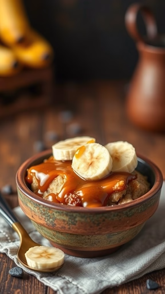 A bowl of caramelized banana bread pudding topped with banana slices and caramel sauce.