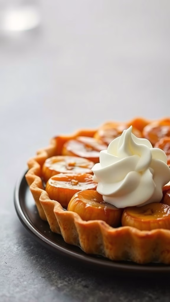 A delicious caramelized banana rum tart topped with whipped cream.